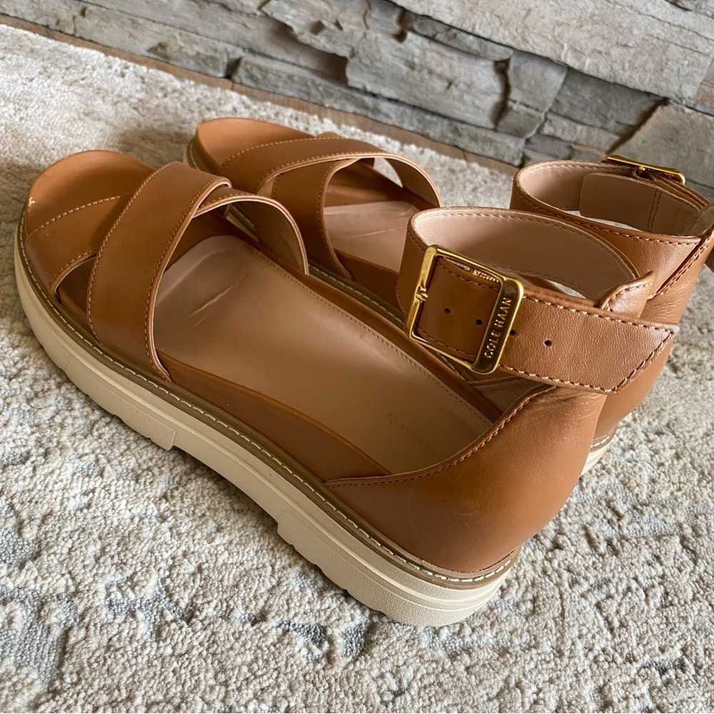 Cole Haan Fraya Platform Leather Sandals Ankle Strap Camel Tan Open Toe: 9B - Picture 6 of 10